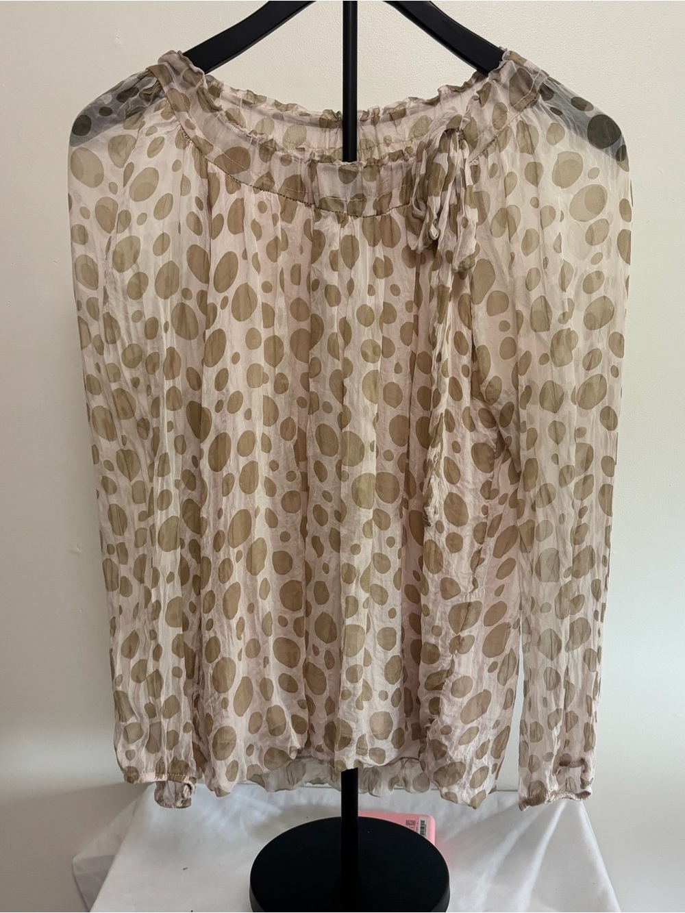 Sheer Beige Polka Dot Blouse with Tie Neck